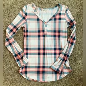 Wallflower Coral Blue-Green Plaid Top